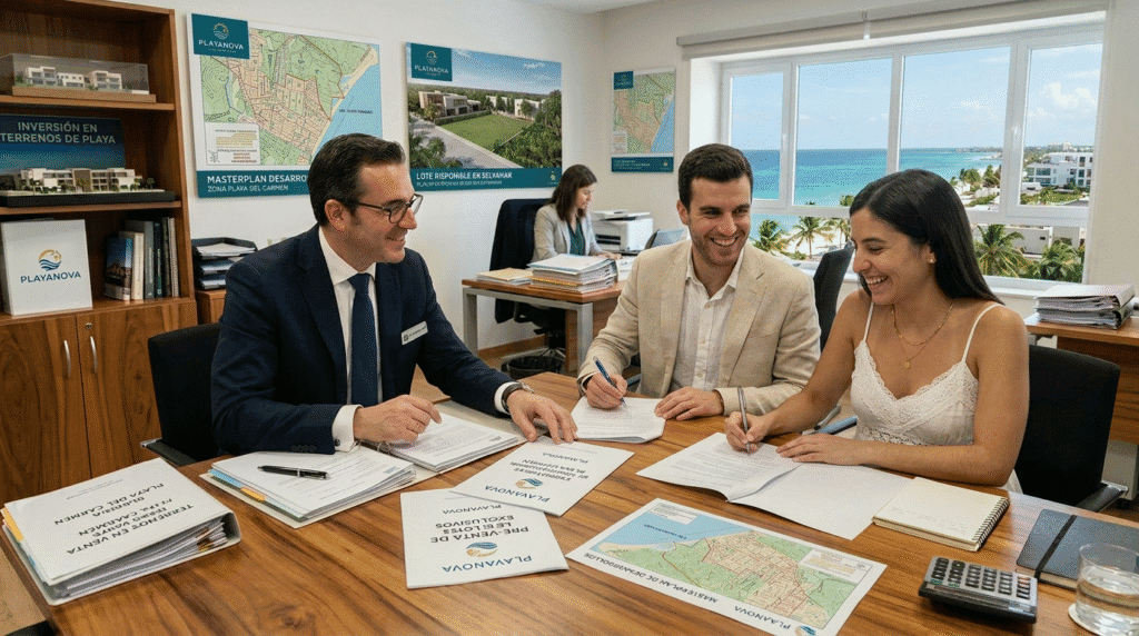 Inmobiliaria PlayaNova en oficina con clientes y equipo de trabajo.