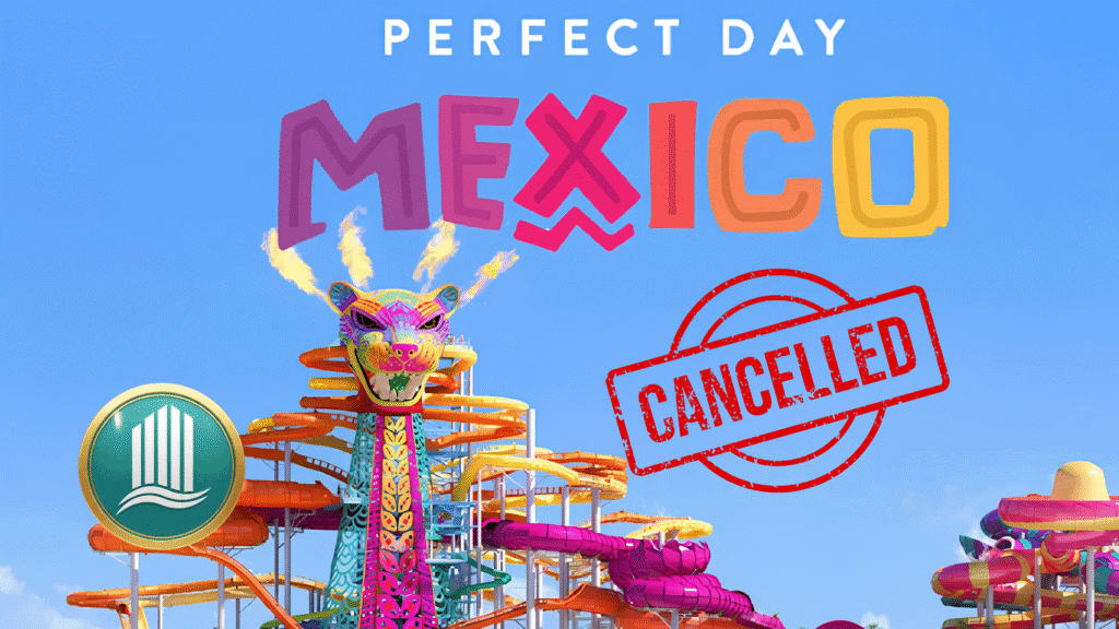 Imagen de un cartel promocional de PlayaNova con temática de México y cancelado.