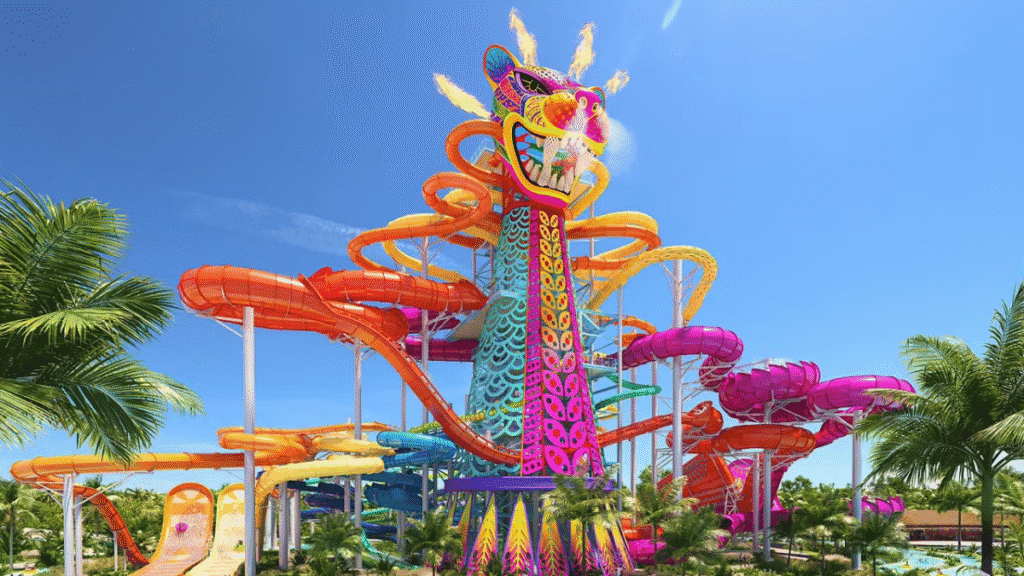 ‘Perfect Day’, el parque de toboganes en Mahahual que echaron para atrás. Torre de toboganes acuáticos coloridos en PlayaNova, parque acuático familiar en Cancún. Diversión y.